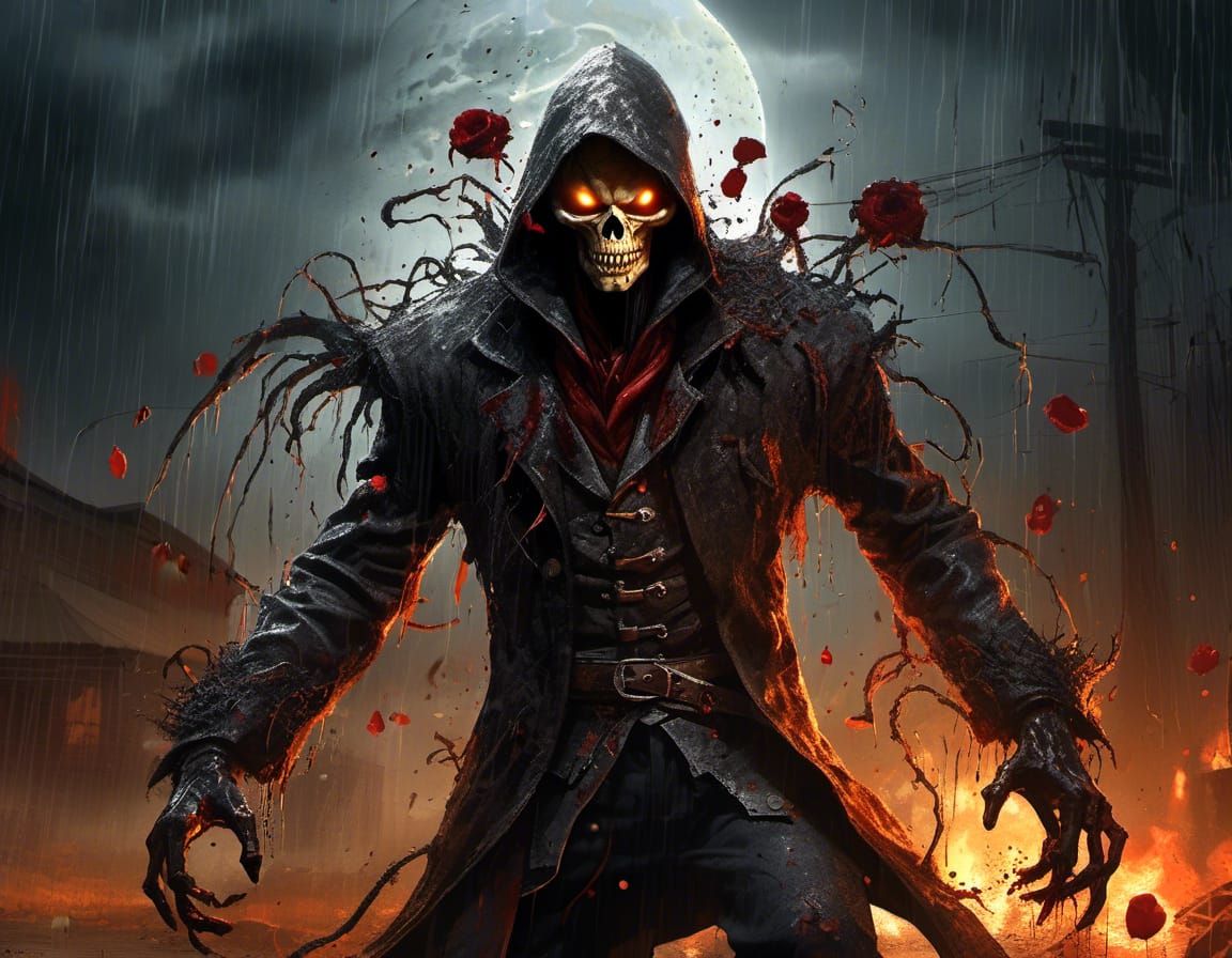 <lora:Scary Faces XL:1.0> Rain on the ((scarecrow))!! blood ...