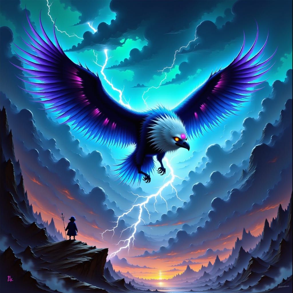 A majestic thunderbird in mid-flight, its powerful wings outstretched, set against a dramatic stormy sky with lightning illumination, render...