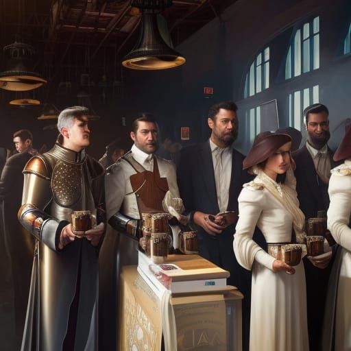 a queue of knights holding coffee cups AI Generated Artwork
