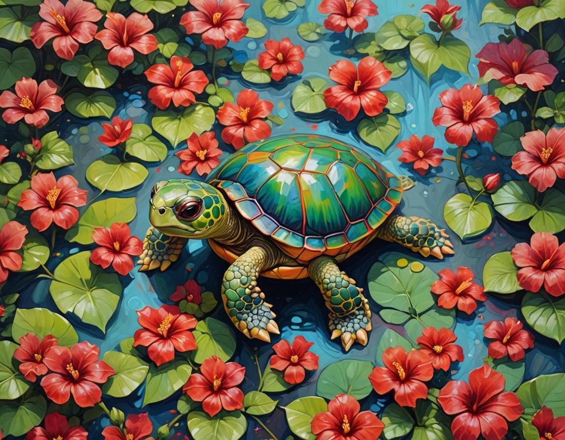 Cute Turtle and Hibiscus Flower in Neo-Impressionism Style