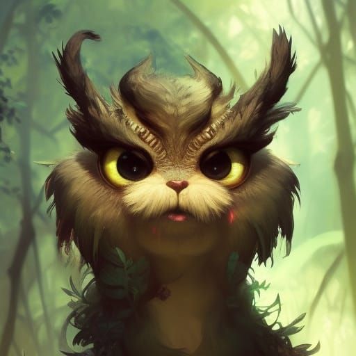 very cute fuzzy monster with large eyes, background lush jungle