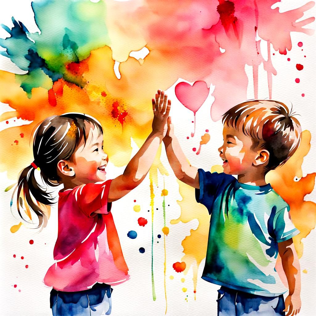 2 children slapping their hands together in a high five, exp...