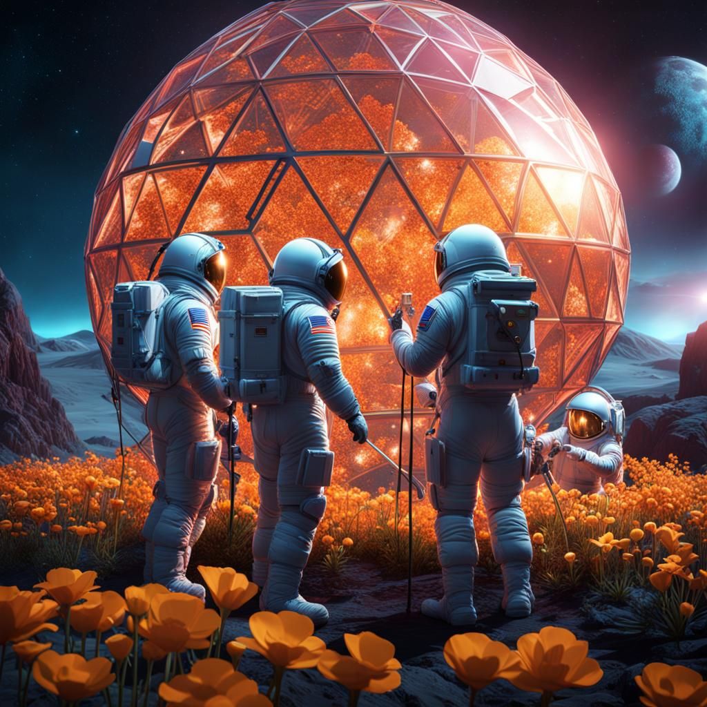 Three men in spacesuits tending to the flowers in a geodesic...