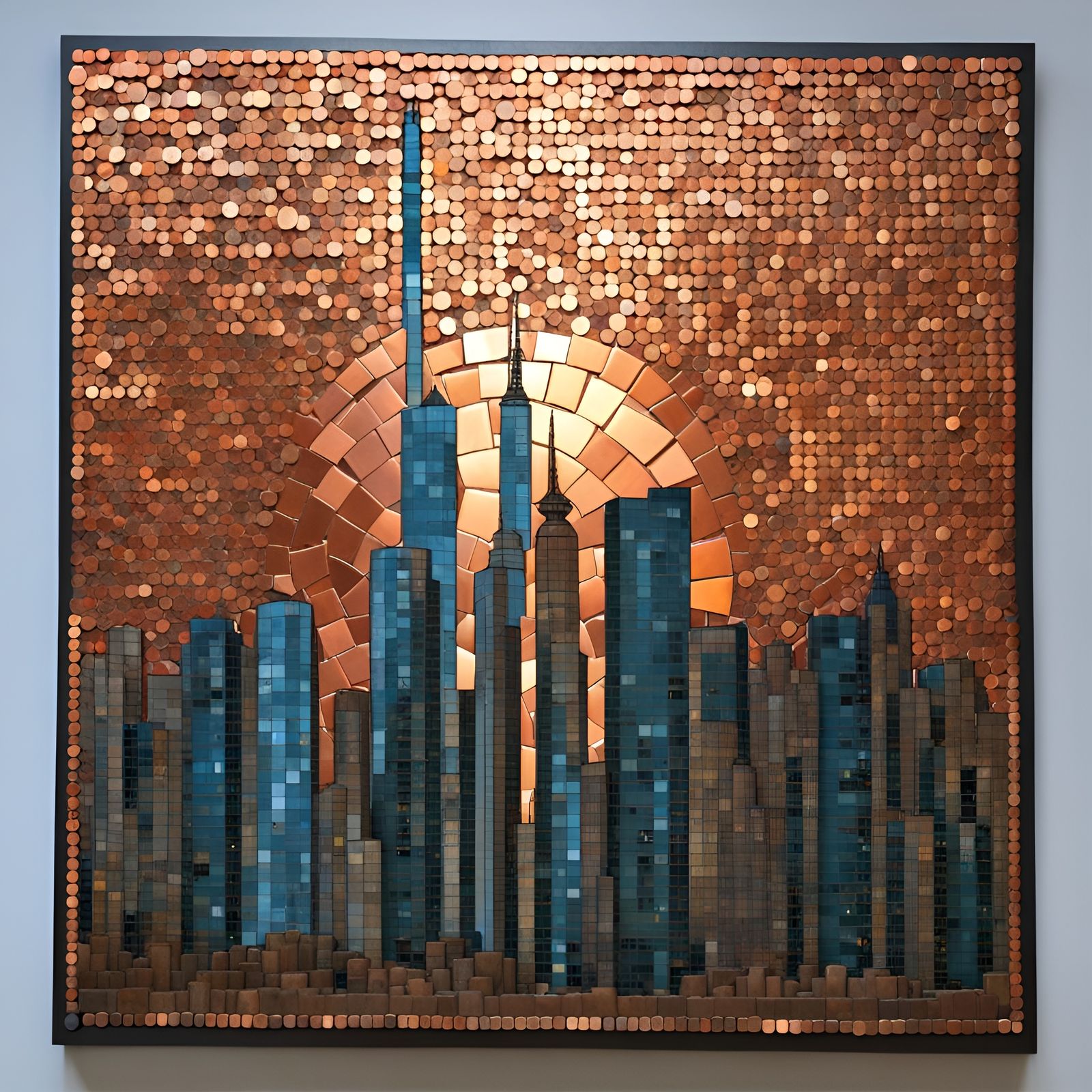 Copper Coin mosaic. City skyline. Sunset