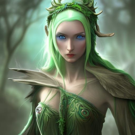 Wood Elf Druid Female Charlatan Grey skin, blue eyes, green hair 5ft ...