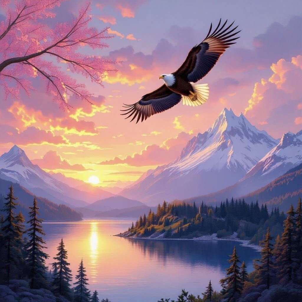 Eagle Flies Over Lake Near Castle and Snowy Mountain