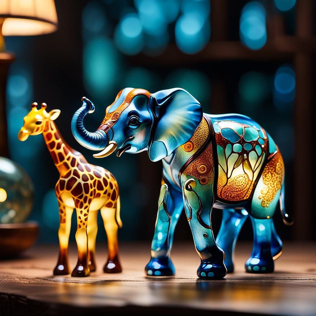  Figurines made of enameled glass, an elephant with a curled trunk leaning against a large giraffe  by @GRAZYNA-BARBARA