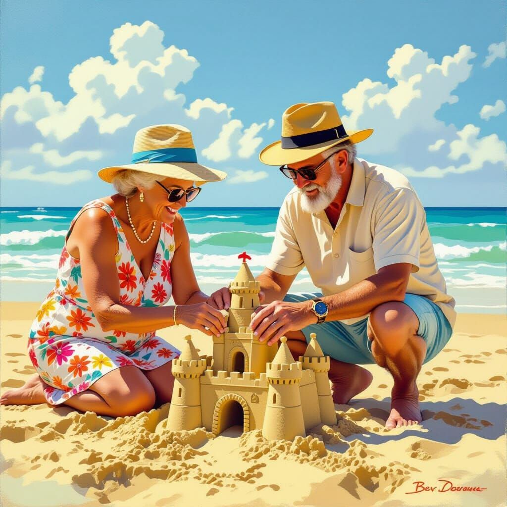 A grandma and grandpa making à sandcastle  by @Mylia