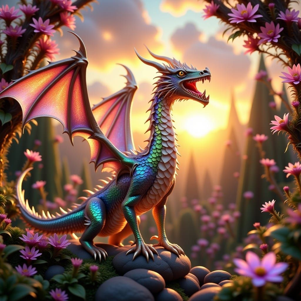 Beautiful Vignette, Close-up Detail, Hyperrealistic Iridescent Wyvern in a Hyperdetailed Maximalist Magical Fantasy Garden at Sunset, Volume...