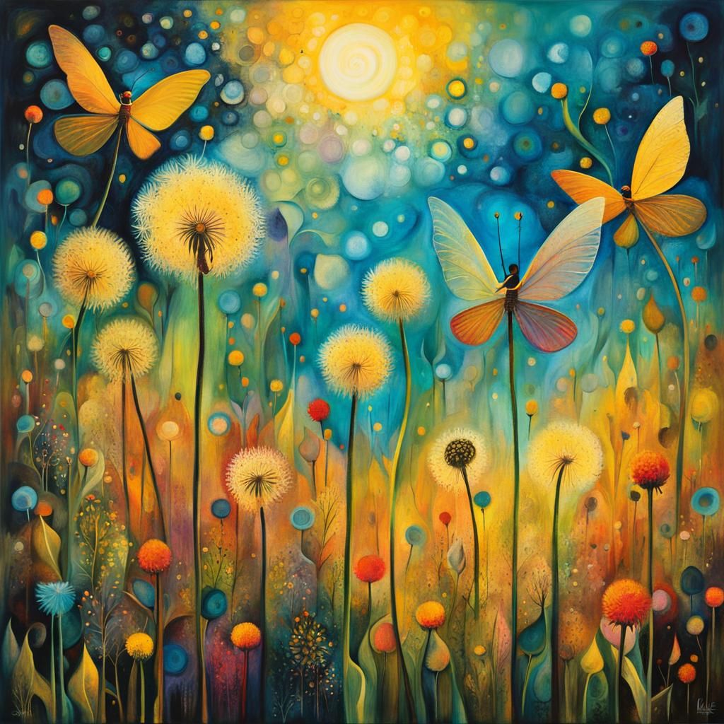 Winged fairies   in a Million Dandelion dreamscape,  making wishes  collaboration Paul Klee and Tim Burton, ...  by @HealingVizion