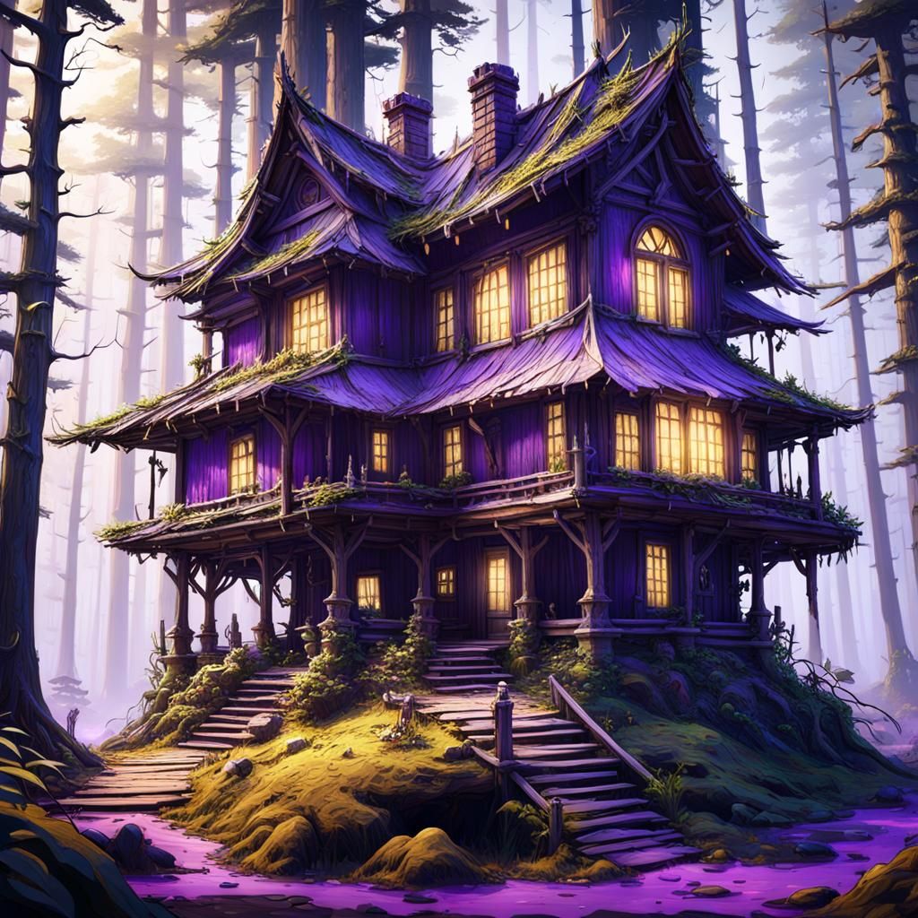 wooden house on top of bird legs, walking in the middle of a...