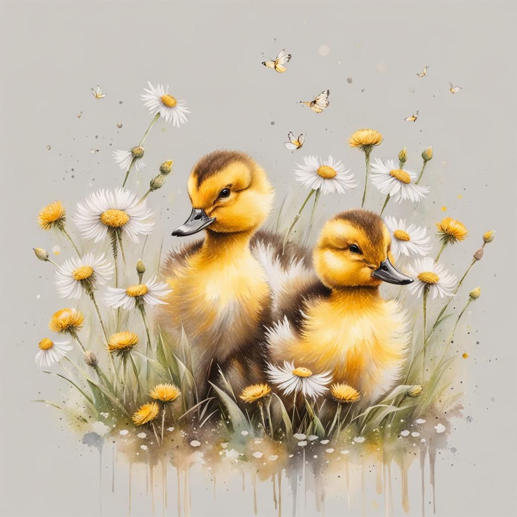 Cute Ducklings and Daisies