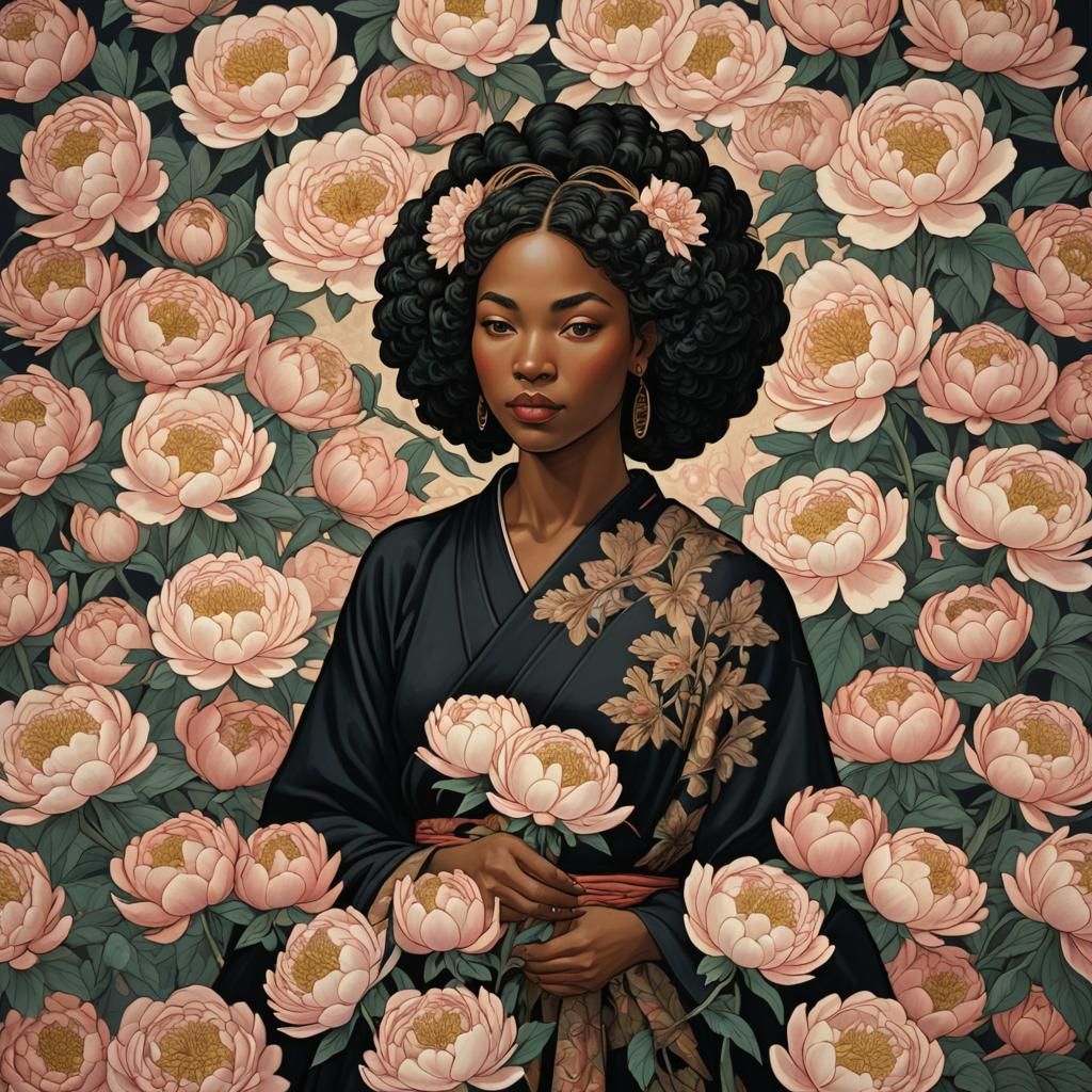 black woman holding and surrounded by Peonias Ukiyo-e dynami...
