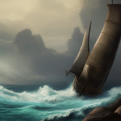 very old wooden sail ship wreck on sea rocks, around of them...