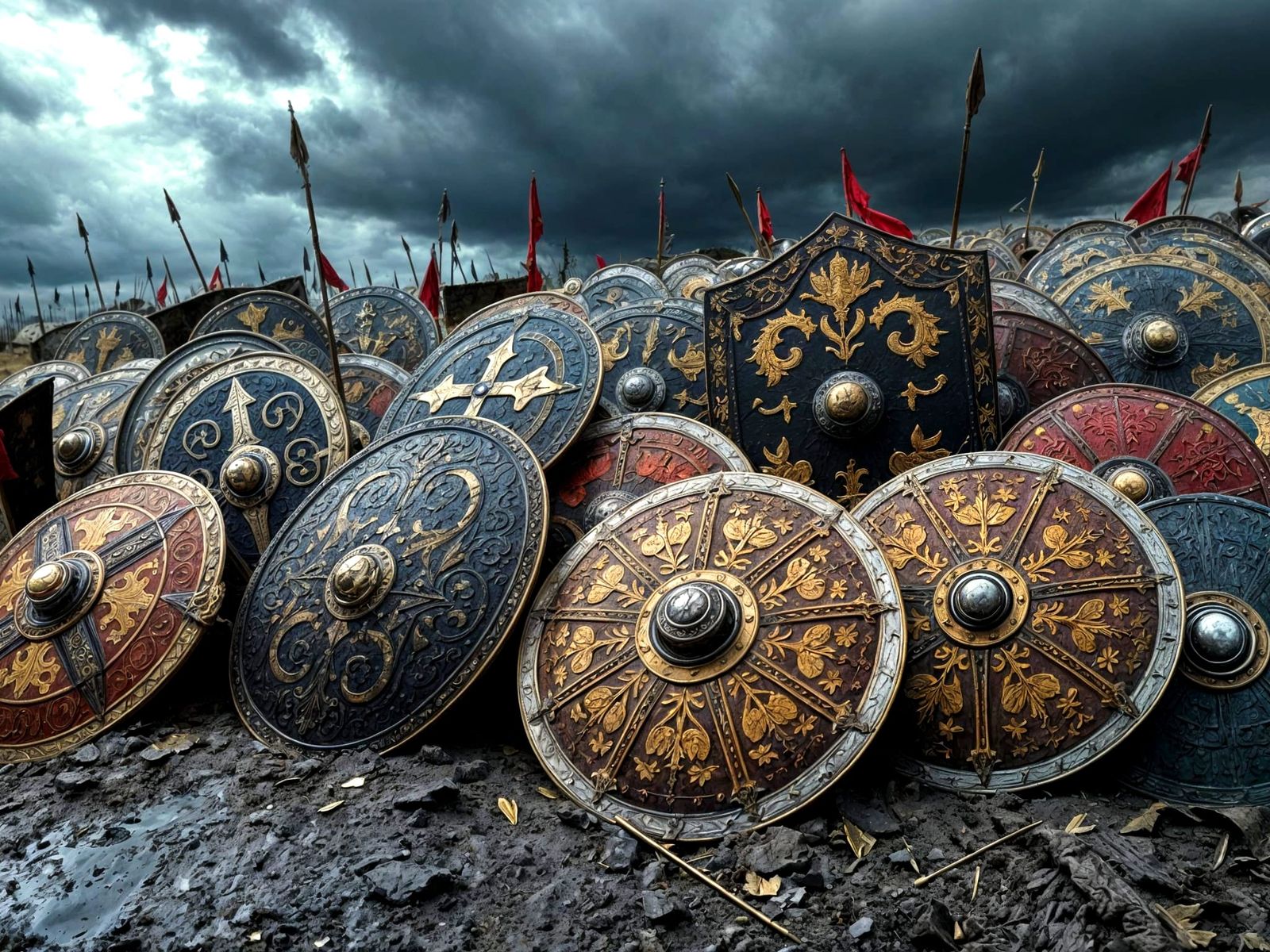 The shields of the vanquished thrown to the ground after the battle  by @Francis H