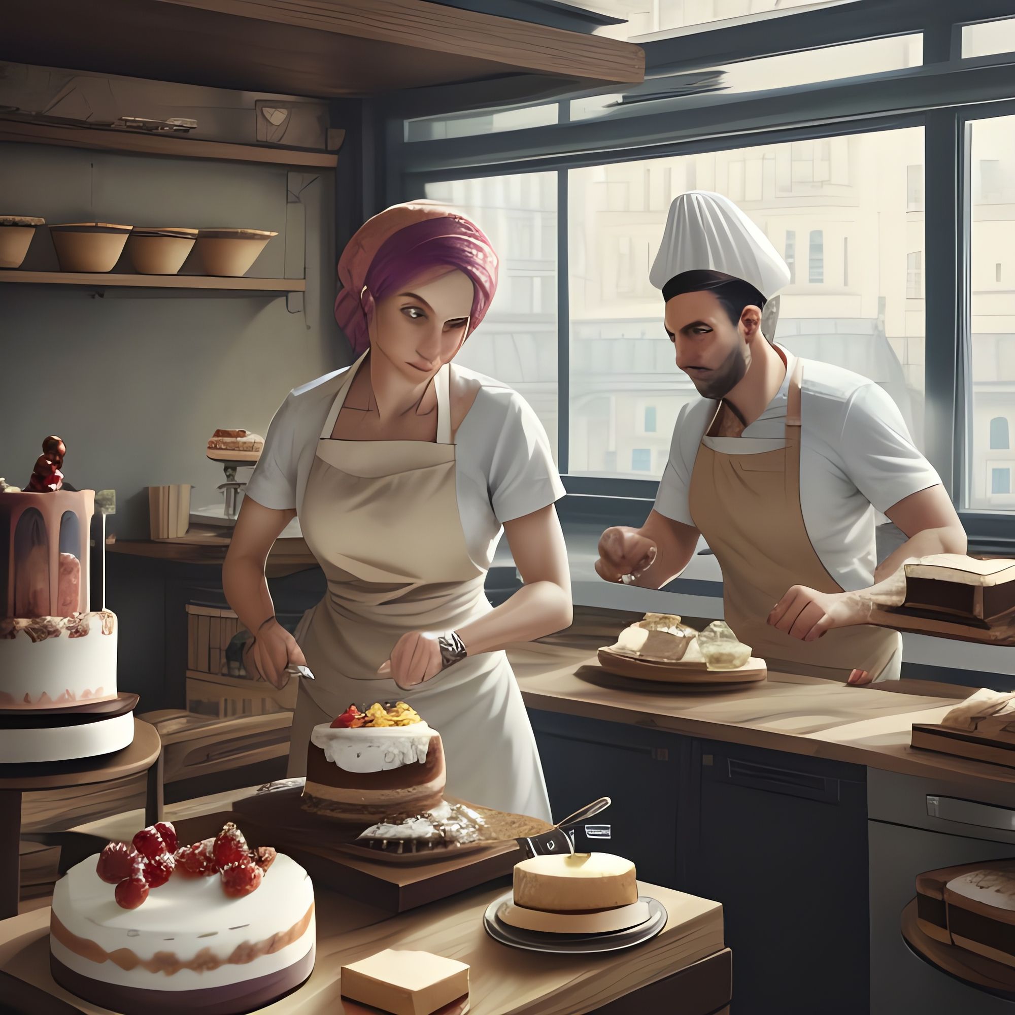 Running Fauvist Baker, Chefs in Action, Ethereal FUN (Cake:1.3), City Storybook Illustration, Amanda Sage, Greg Rutkowski, Maurice Sendak