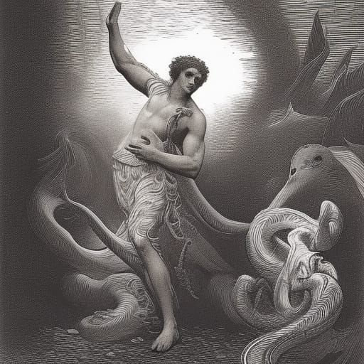 Lonely Adam in Paradise dancing with snakes Gustave Doré