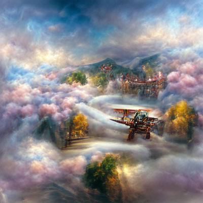 a biplane flying through mystical clouds in a photorealistic...