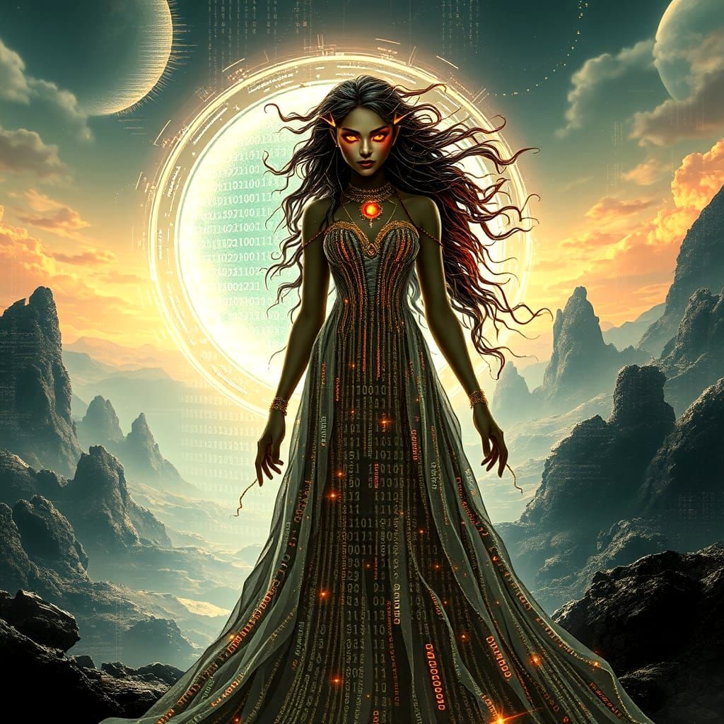 A digital enchantress with a flowing gown of binary code stands before a shimmering portal, their eyes radiating an otherworldly glow. The b...