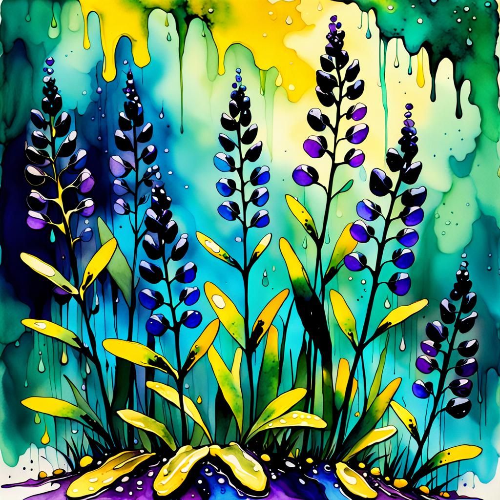 abstract alcohol ink dark green, dark blue and  bright yello...