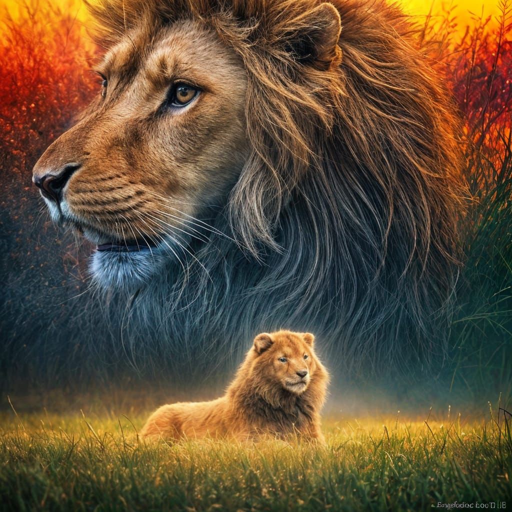 Double Exposure Lion Revealing Magical Landscape