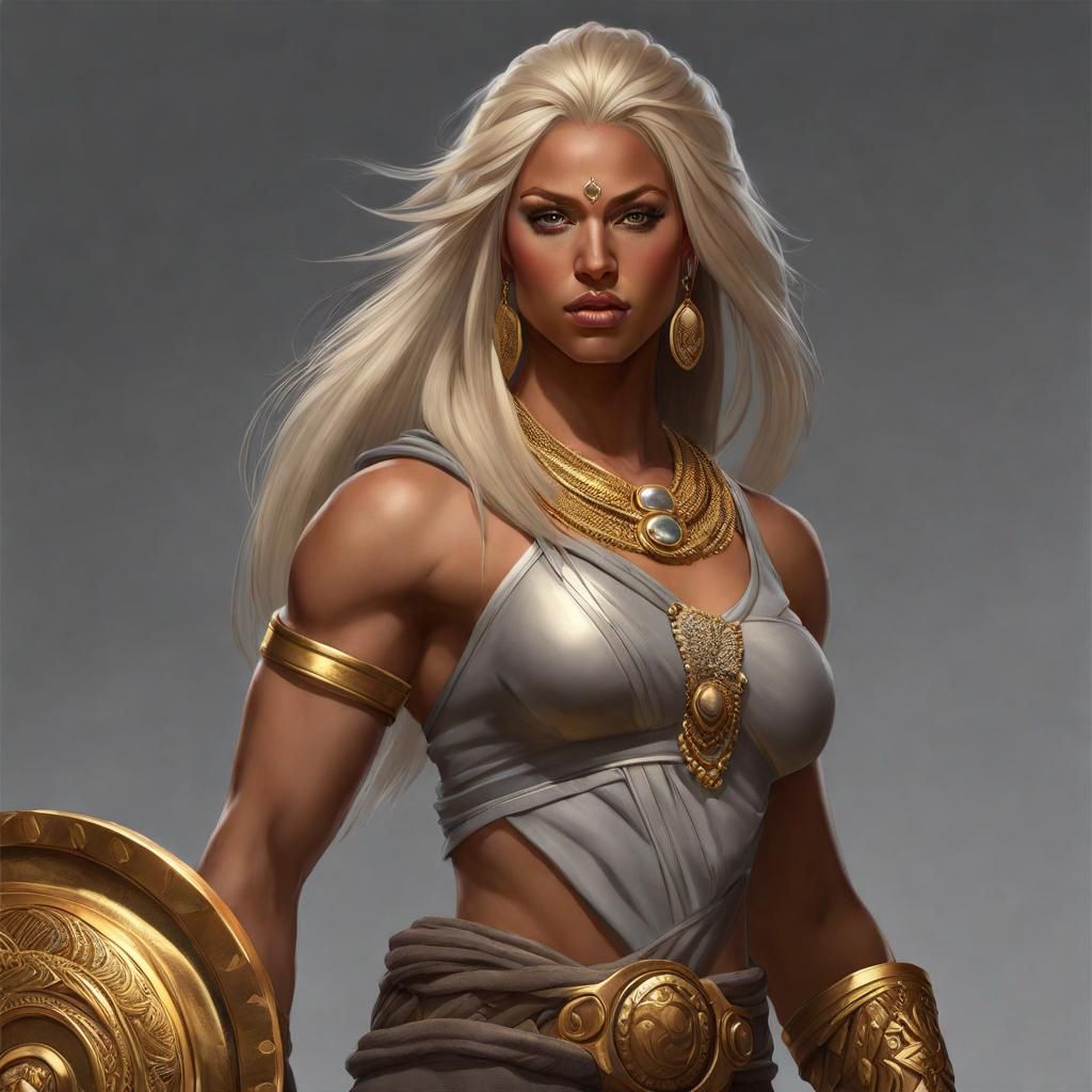 Portrait of a female d&d aasimar barbarian, grey skin, fully clothed