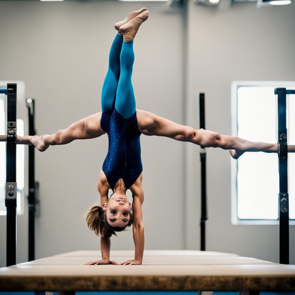 A ten year old gymnast doing proper handstand on beam, weari...