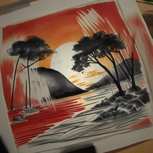 vibrant hues, lake glade at daytime, shimmering waters, dreamy, beautiful, shadows, flowers, moonlight, fading reddish sky, translucent, fl...