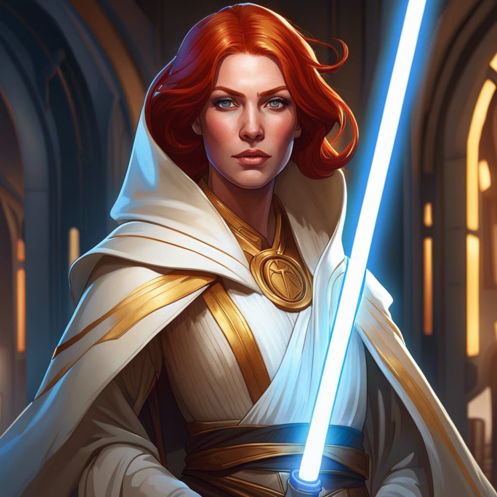 A women with red hair wearing white and gold high republic jedi robes ...