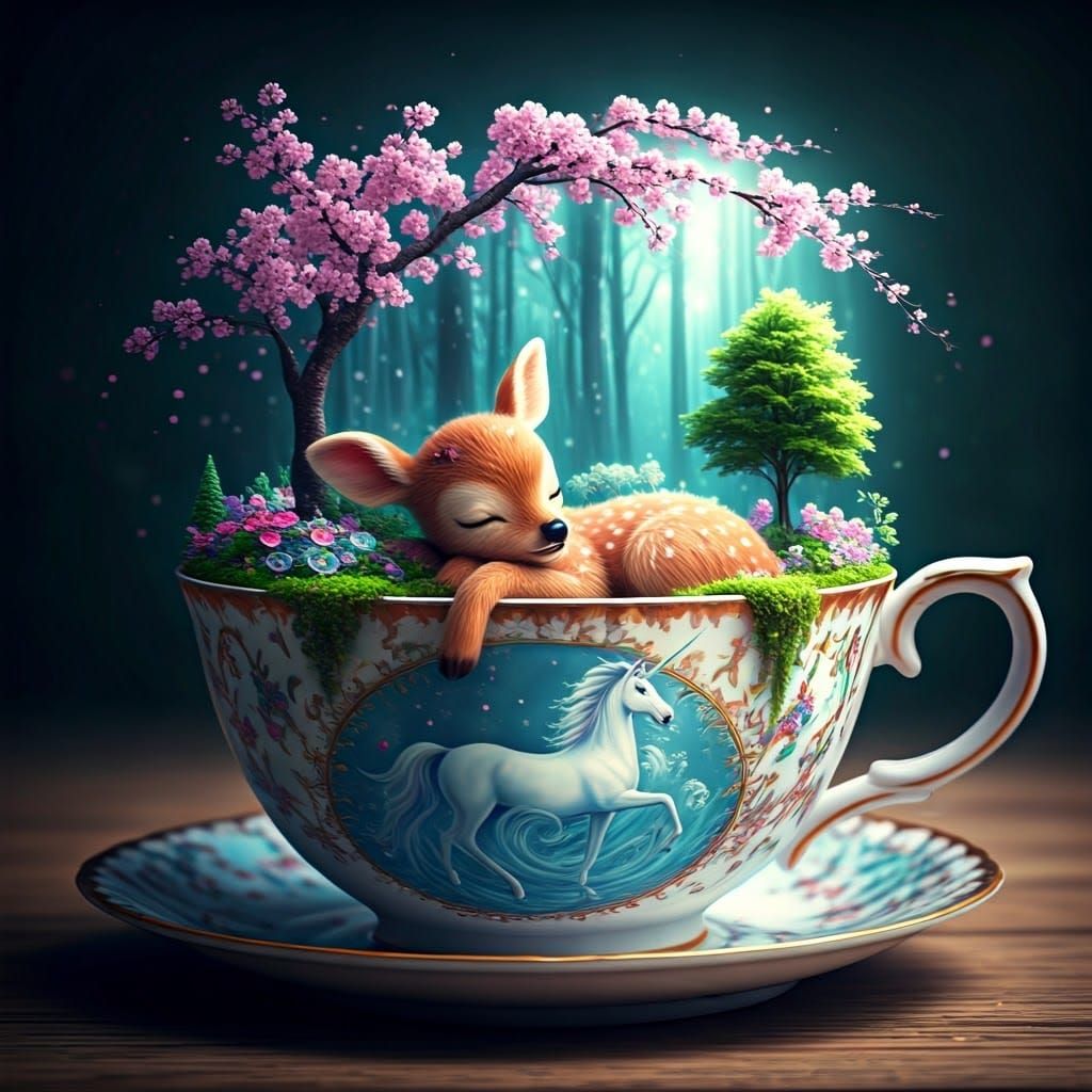 the cutest little fuzzy wuzzy little deer sleeping inside an antique teacup, its interior revealing ...  by @Spearmint
