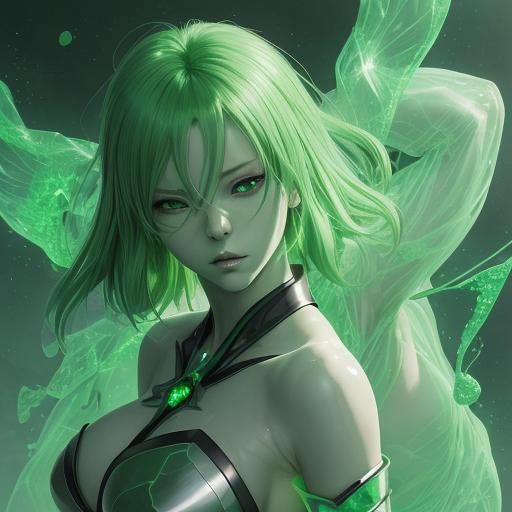 A woman with skin made of green glass