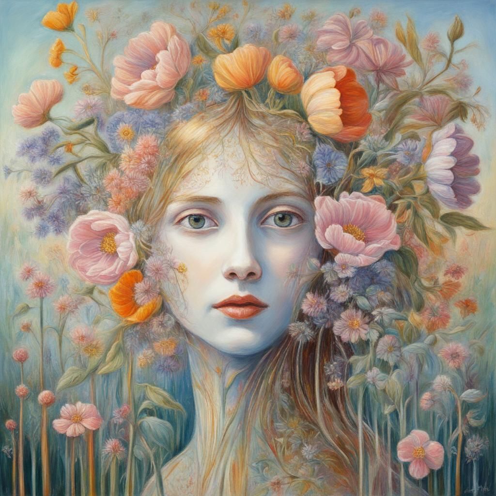 I was Chloris, who am now called Flora, en 2003, peinture pastel surréaliste à l'huile à la façon d'Helen Flockhart_