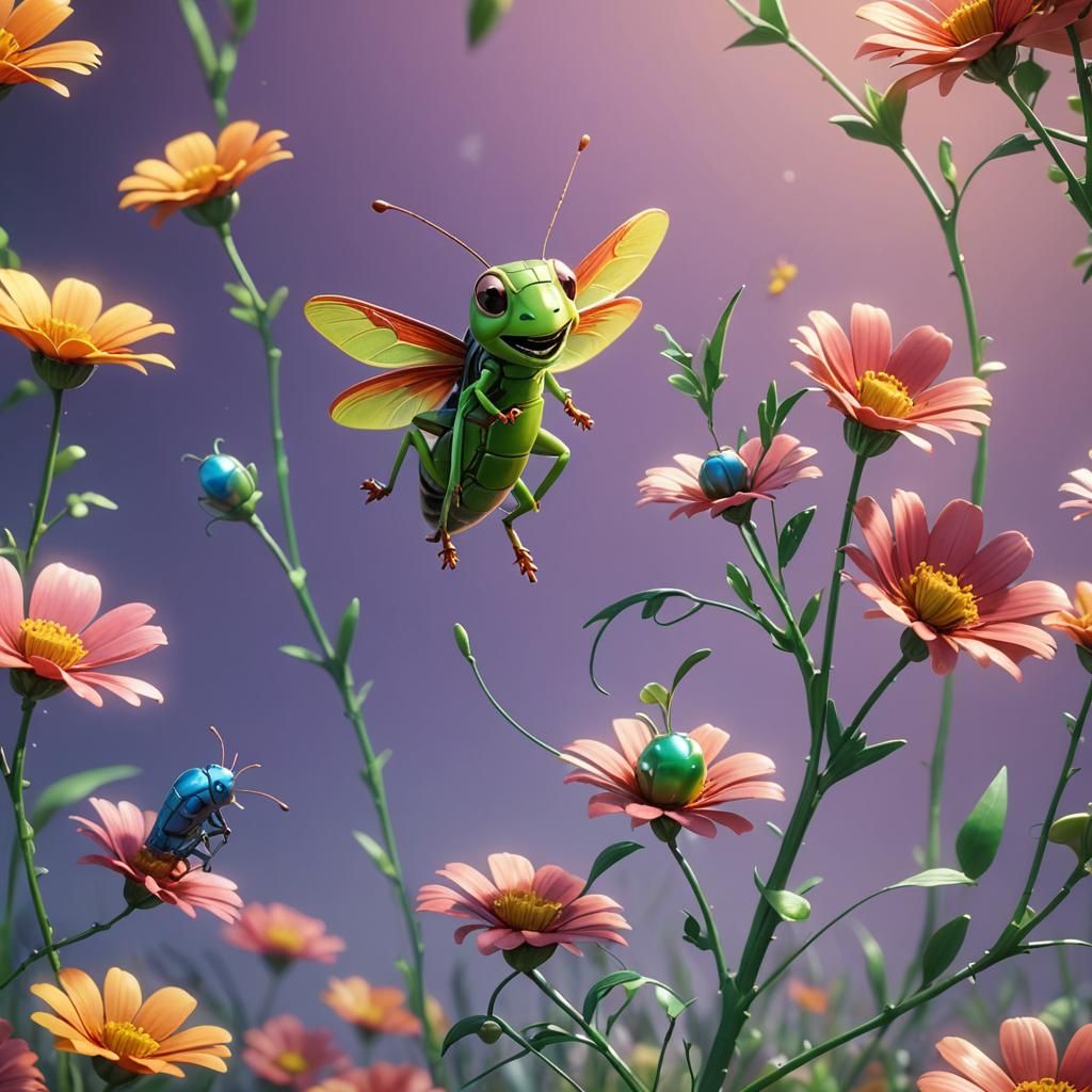 Cute grasshopper Pixar, Disney, concept art, 3d digital art, Maya 3D, ZBrush Central 3D shading, bright ...  by @CBZ