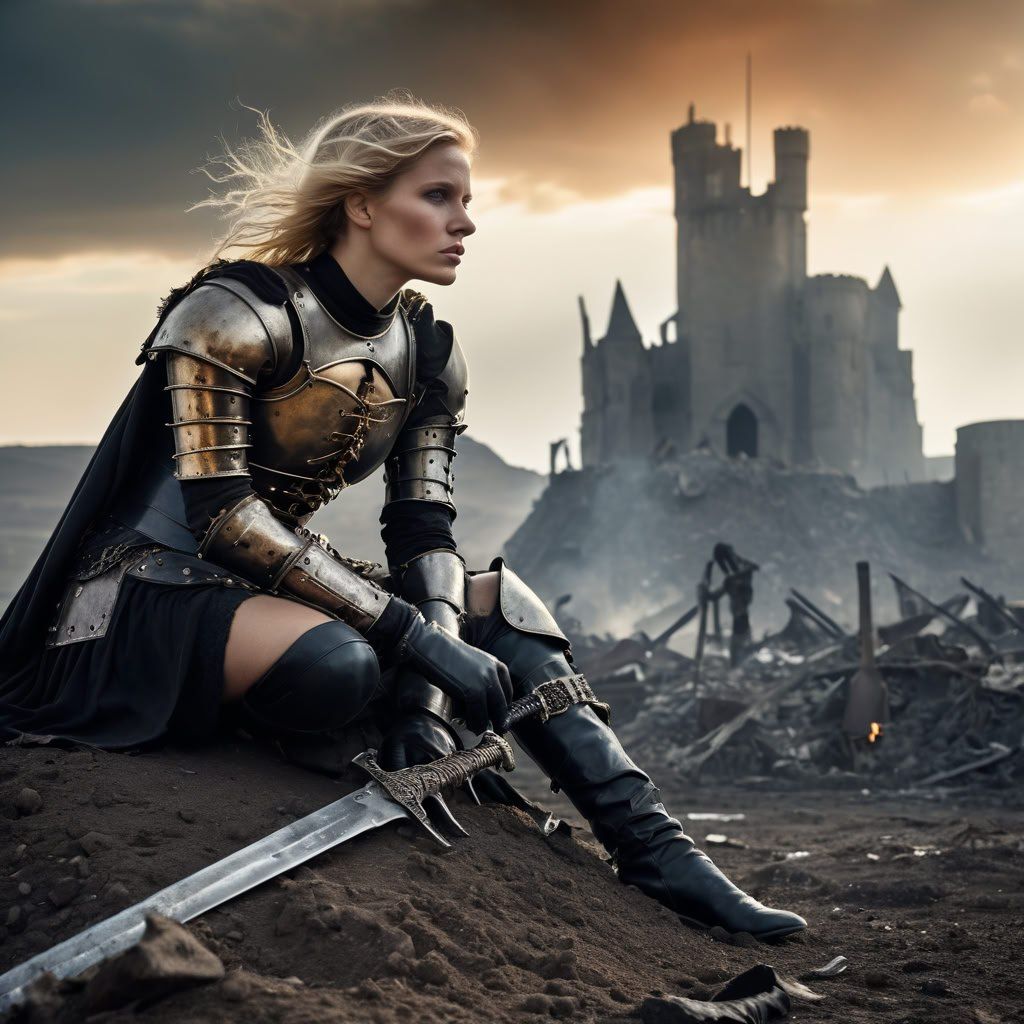 A battle-worn warrior princess in gleaming medieval armor with a massive sword