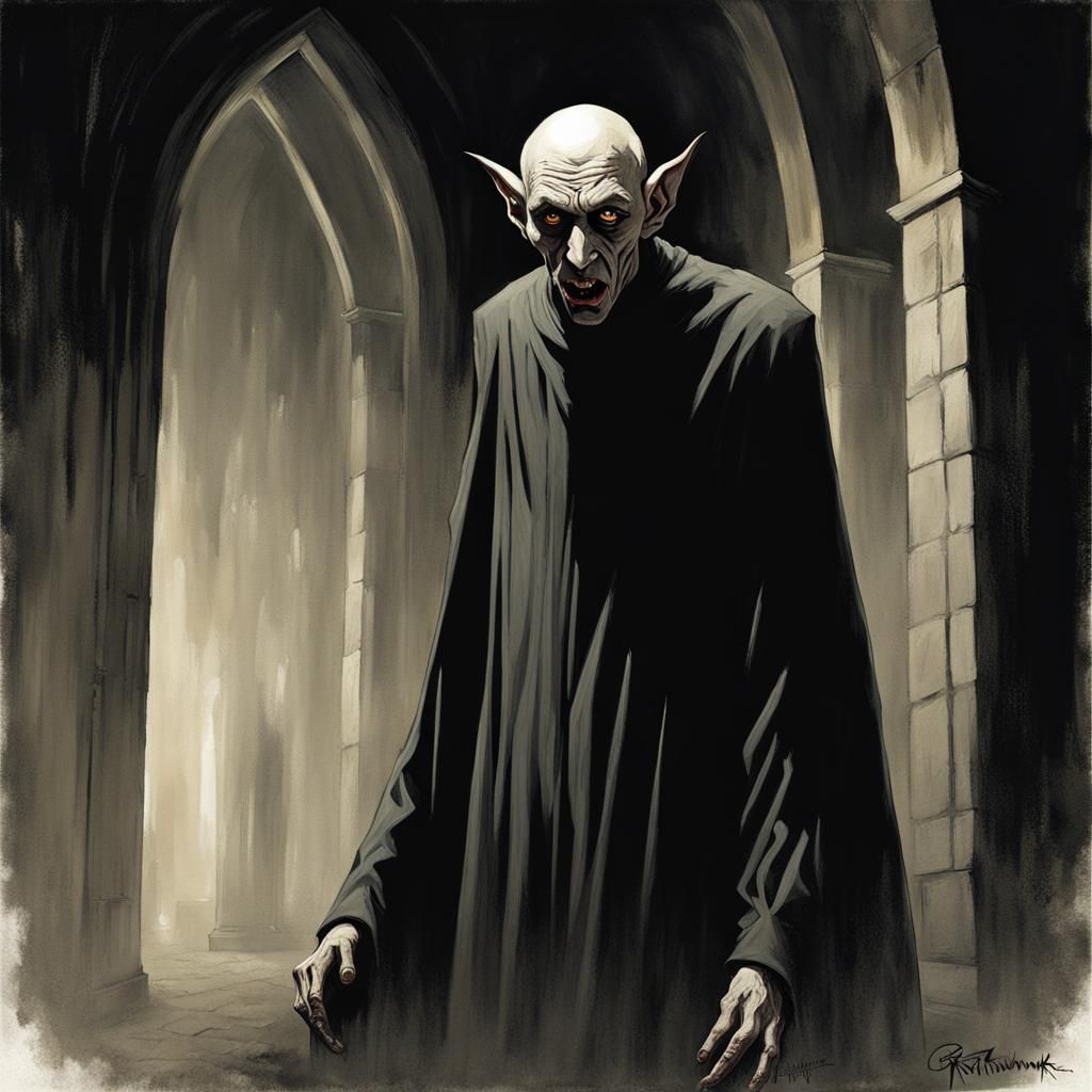 Nosferatu, a haunting and withered vampire with long, bony fingers and elongated, batlike ears