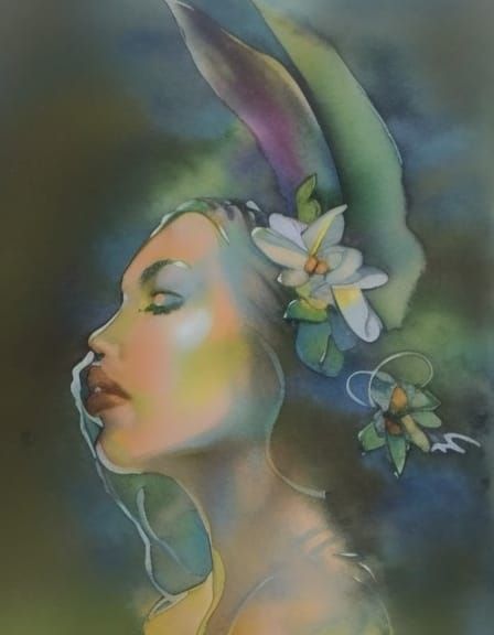 Dark haired Gaia face in green