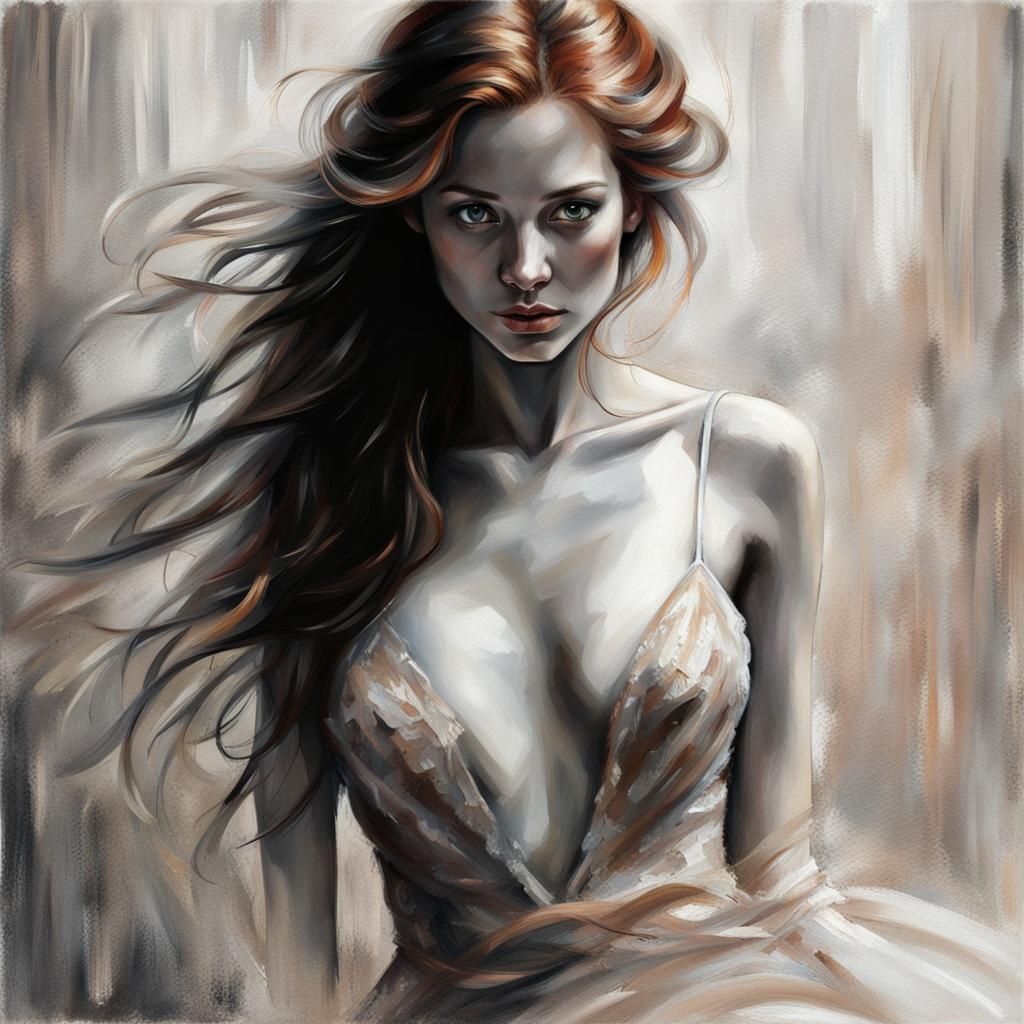 A beautiful woman with luxuriously long, thick honey-red hair, capturing attention with her sensuous looks