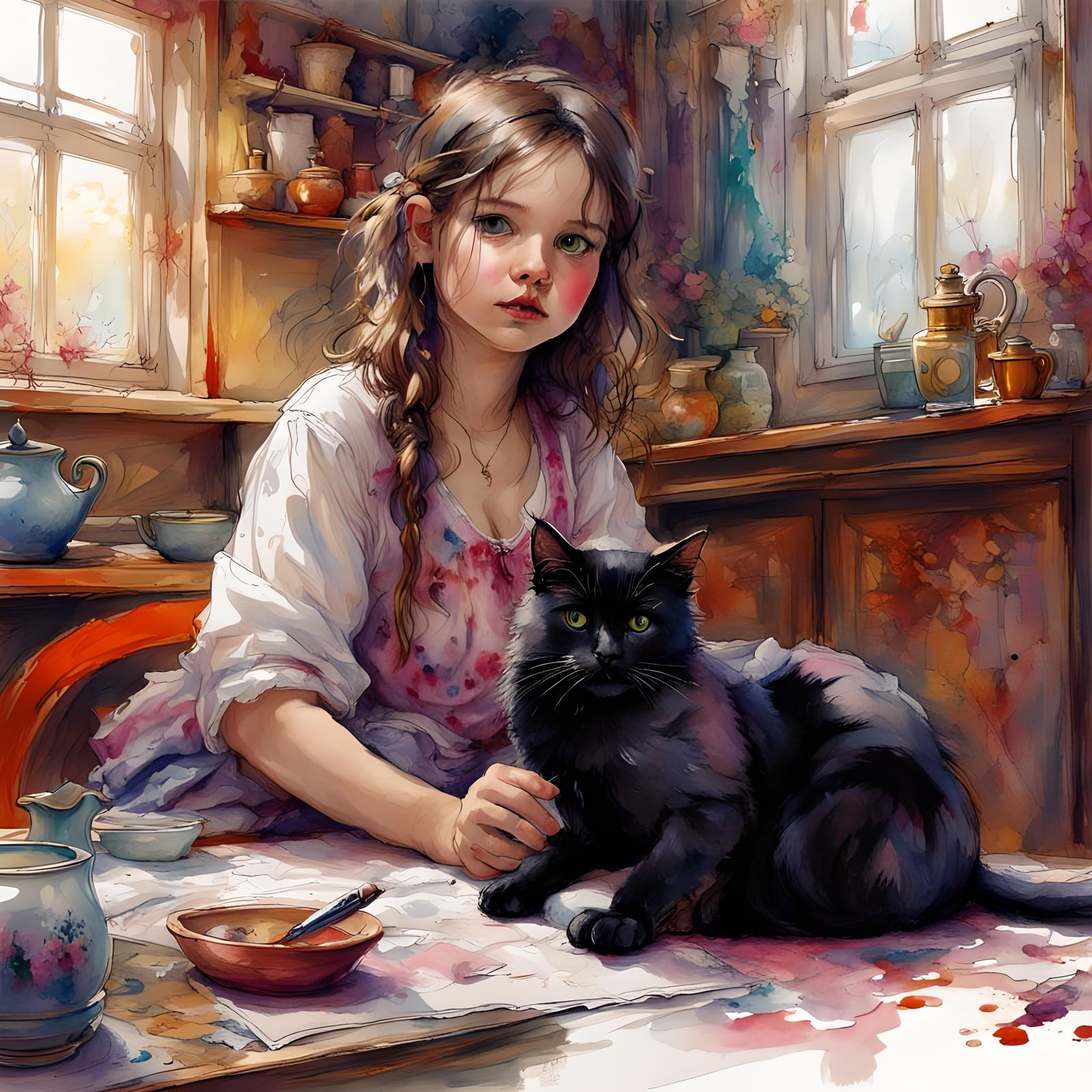 A girl and her cat, Whimsical by Pino Daeni