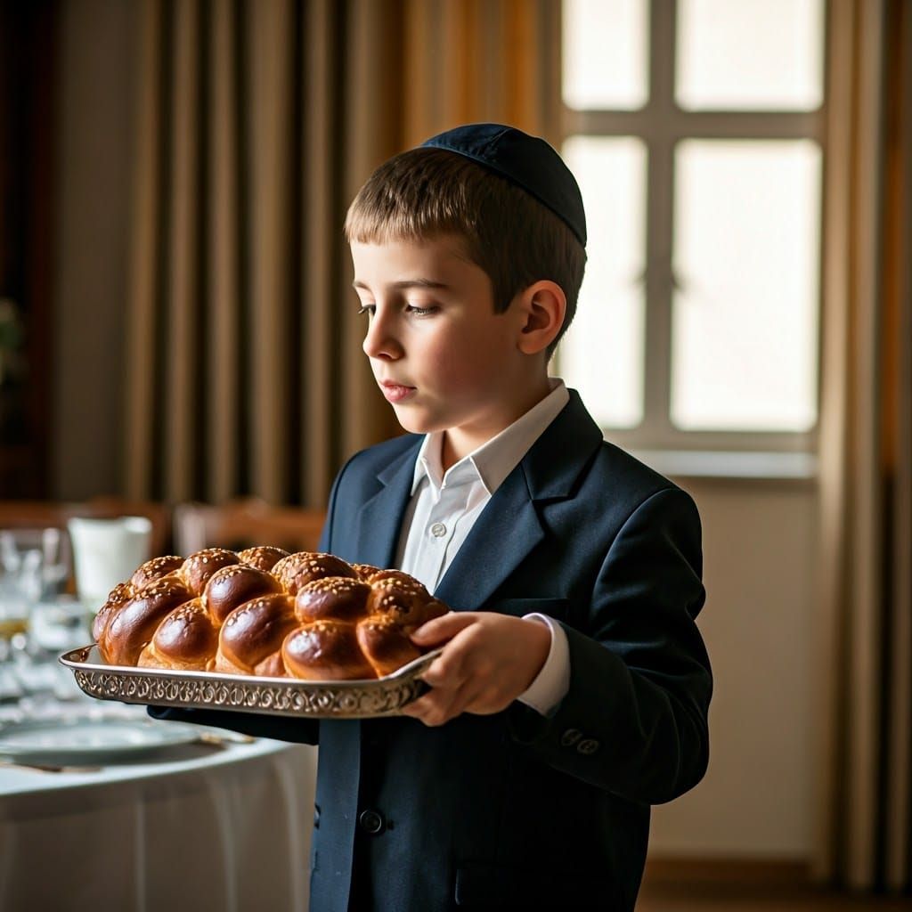 Traditional Orthodox Jewish Boy Brings Challah to Shabbat Ta...