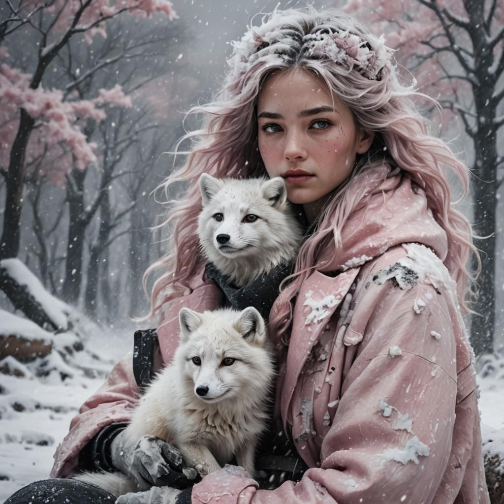 Snowstorm Beauty with Arctic Fox: Detailed Digital Painting