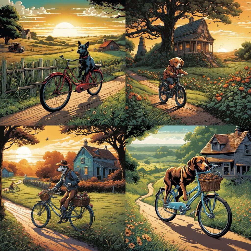 Puppy riding a bicycle through the country