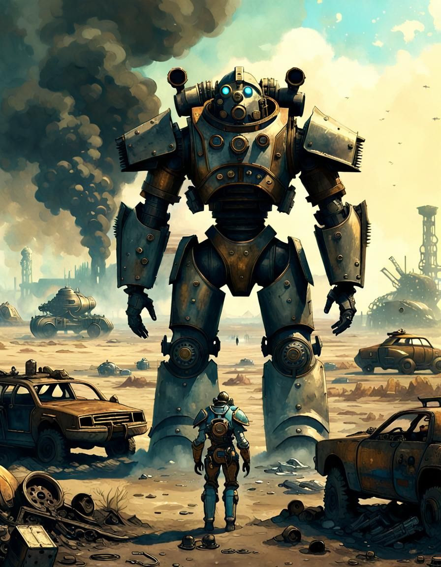 Vapor smoke fallout, in distance a vault survivor in mechani...