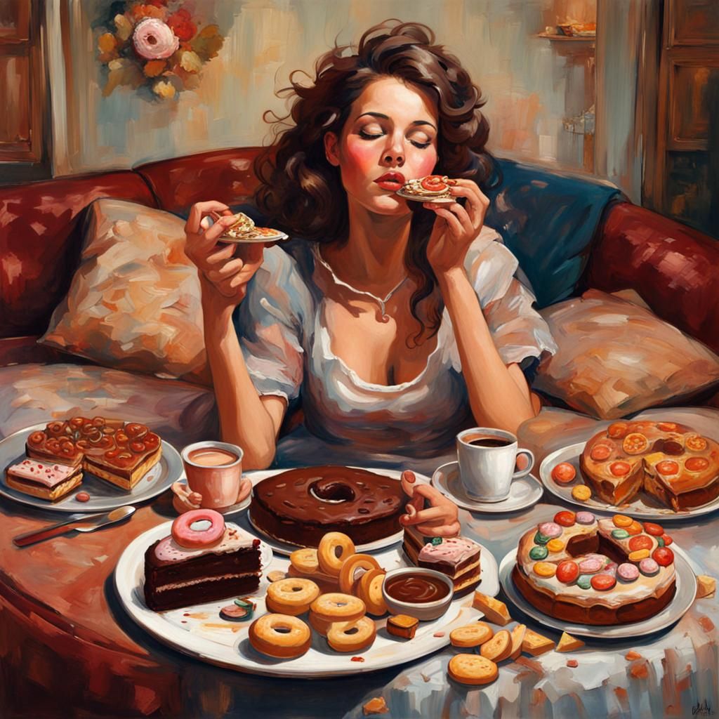 woman indulging in a food binge   by @Violet 