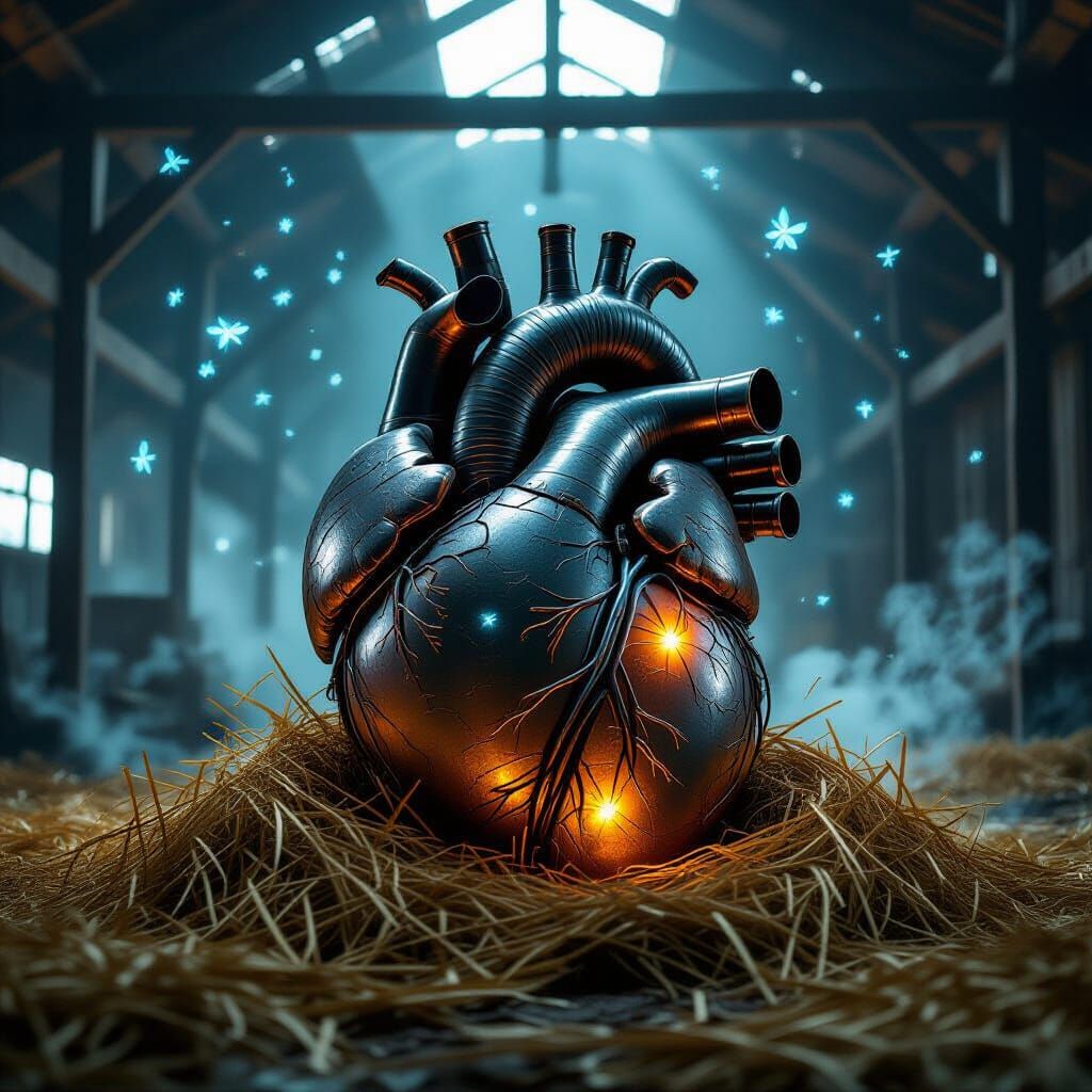 “A colossal biomechanical heart crafted from brushed steel, tarnished copper, and glass tubing, its glowing liquid veins pulsing faintly wit...