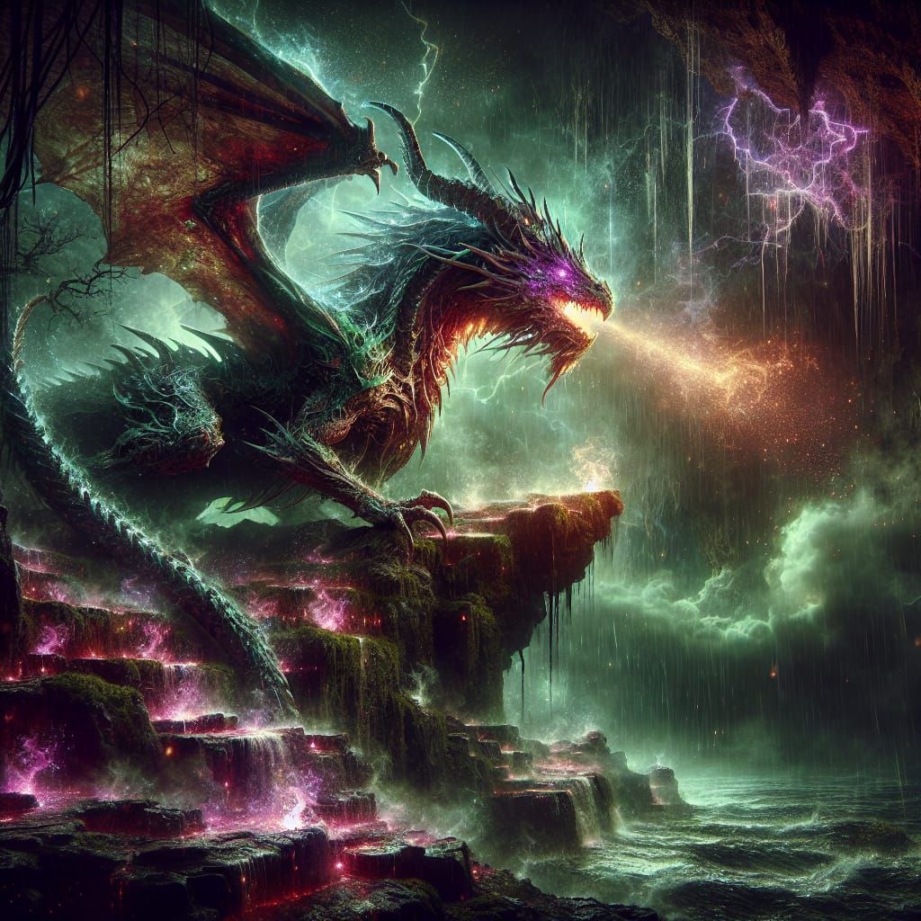 Ancient Dragon Perched on Cliff in Enchanted Forest