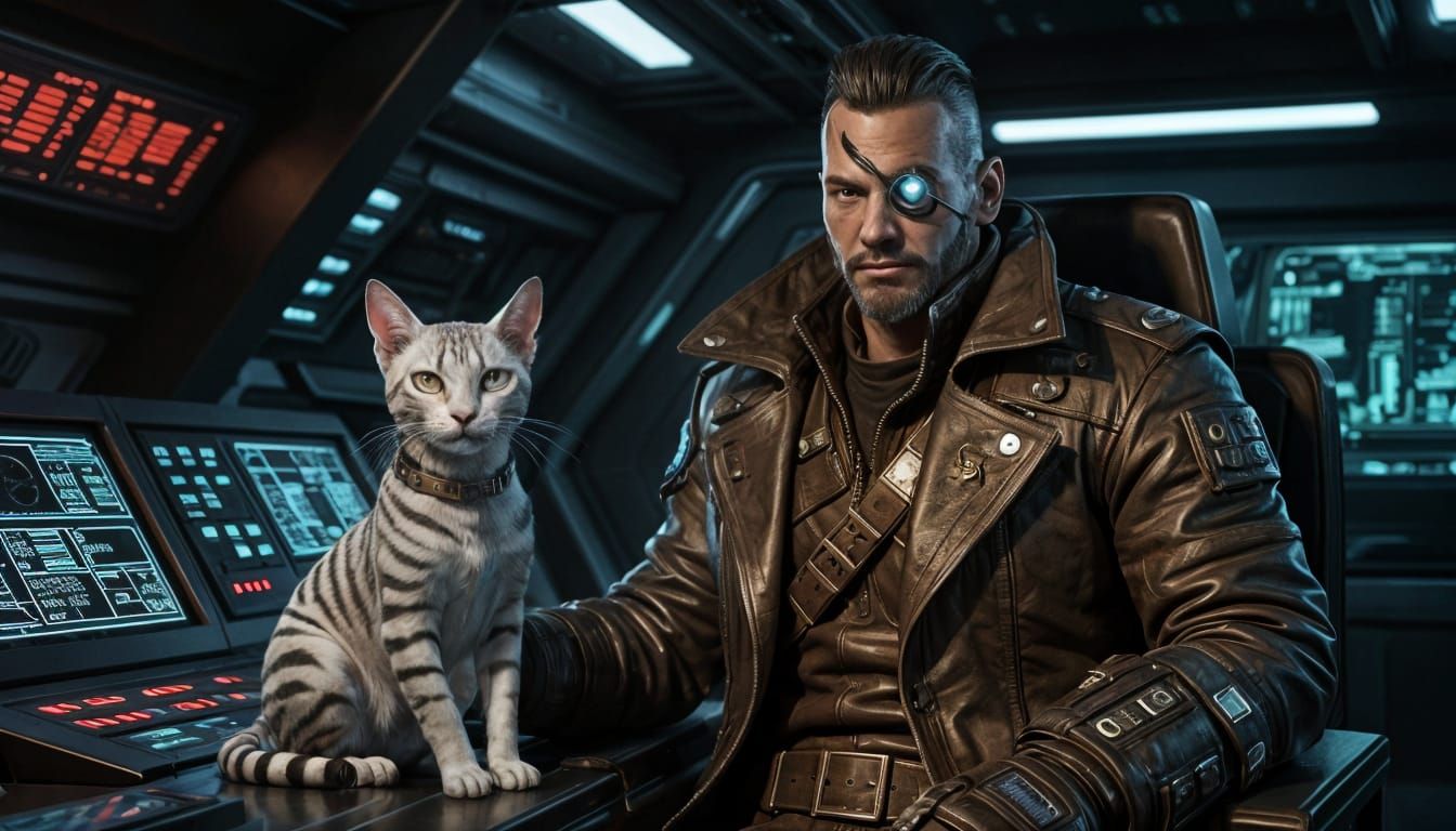 A space pirate captain on the bridge of his starship with his pet sphinx cat sitting on his lap 8k photorealism 