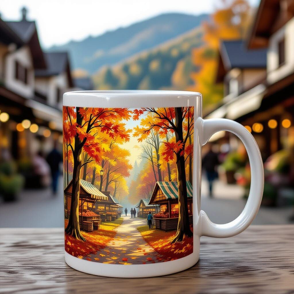 Inside the mug an autumn forest, a market in a town 
