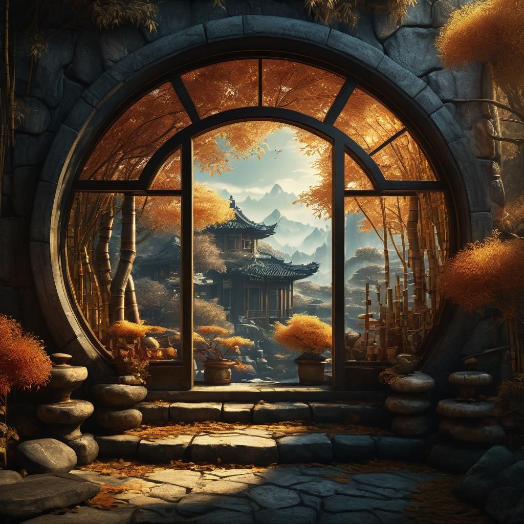 Autumn Window Scene with Bamboo in Digital Painting Style