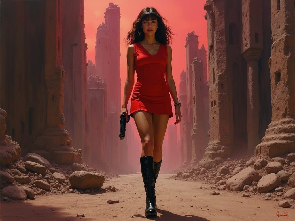 She's wearing a red Starfleet uniform, and she's been assigned to scout out a portion of an ancient ruined city. What could possibly go wrong?