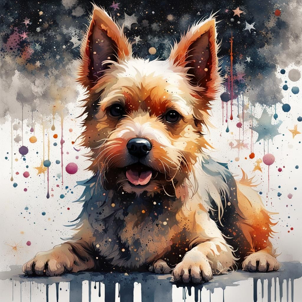 "soft textured watercolor splatter in the form of a stylized glitter and stars cute dog, there is wet ...  by @Chickadee
